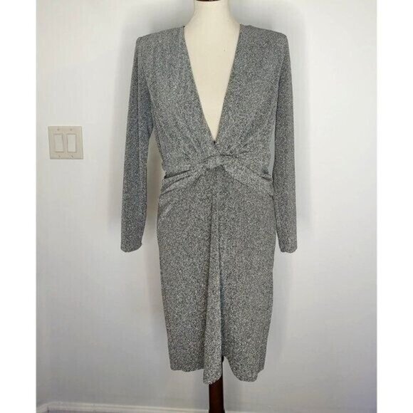 ZARA Dress Silver Metallic XXL Sexy V-Neck Cocktail Long Sleeve - Picture 5 of 12
